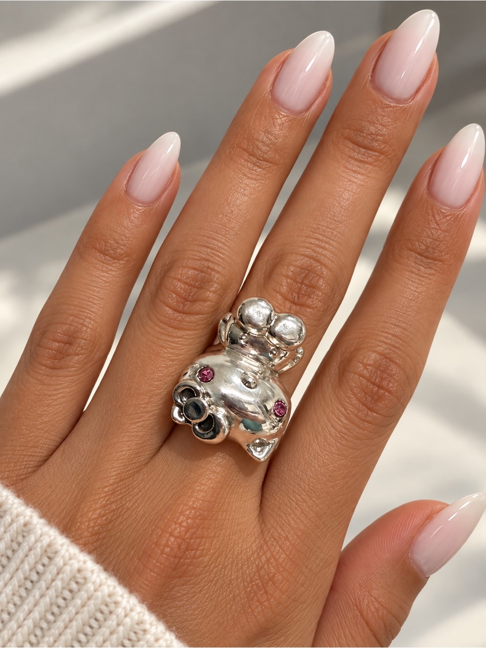 Sterling Silver Hello Kitty Statement Ring with Pink Accents